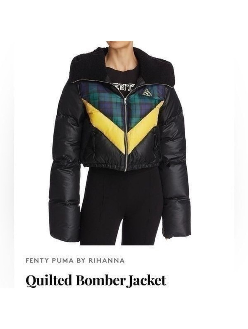 90s Puffer Fenty Rhianna Quilted Down Coat Black Plaid Colorblock Jacket Hood L